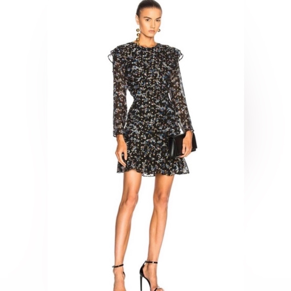 Veronica Beard Black Floral Ruffle-Trim Mini Dress